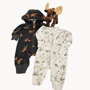 Baby Bundle Set NB–0/3M Bodysuit Moose Plush Woodland + 1 Fleece Hooded Boy Girl